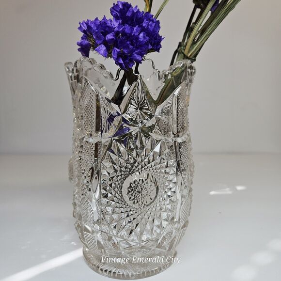 Vtg Brunswick Brilliant Cut Clear Floral Glass Vase Hobstar Sawtooth Rim/ READ - Picture 4 of 12